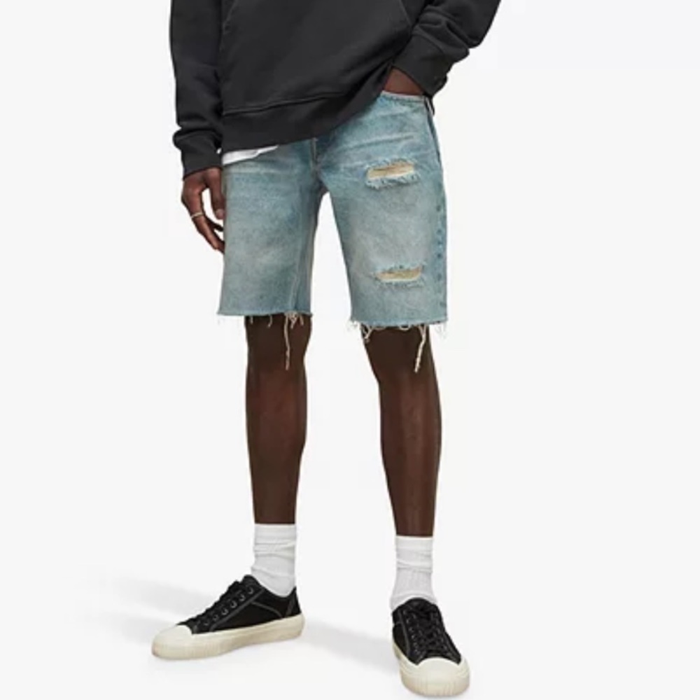 NWT All Saints Men’s Switch Ripped Damaged Cutoff Denim Shorts Dirty Indigo